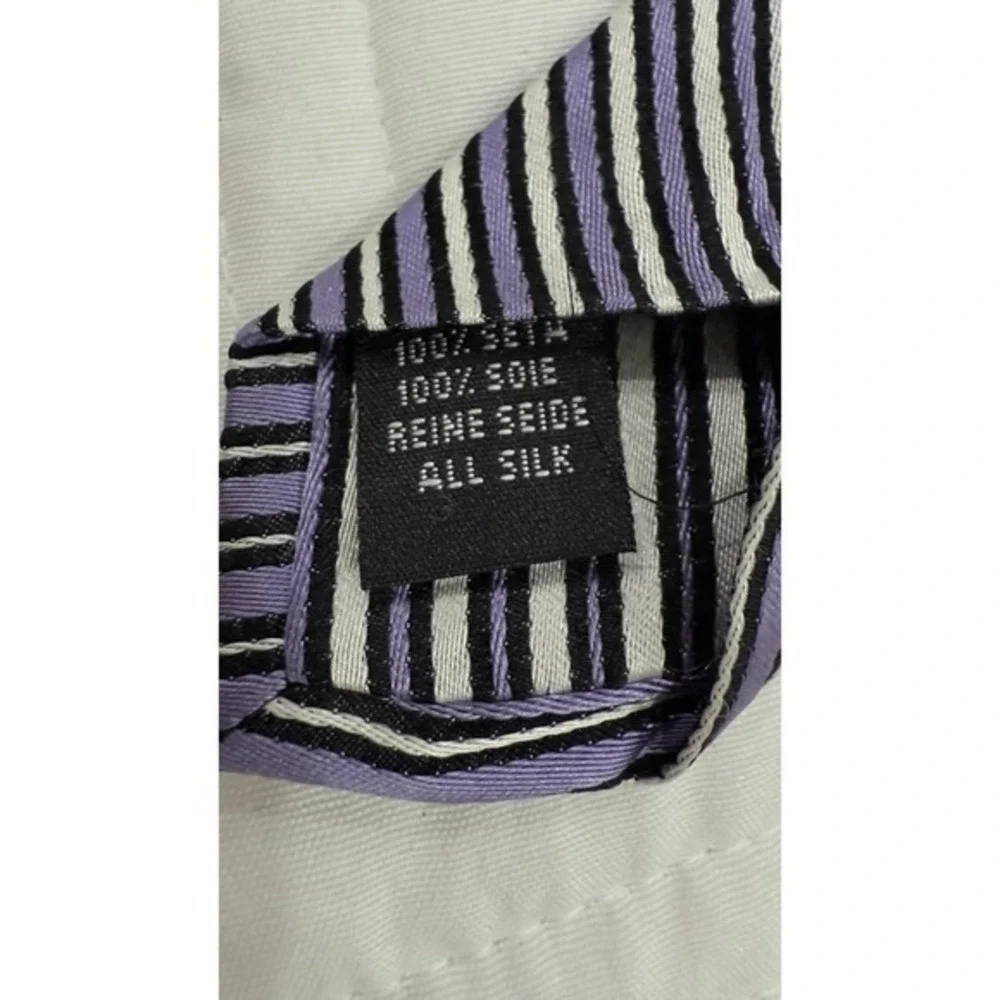 Lugano Italia Mens Silk Necktie Purple Black White Diagonal‎ Striped Hand Made